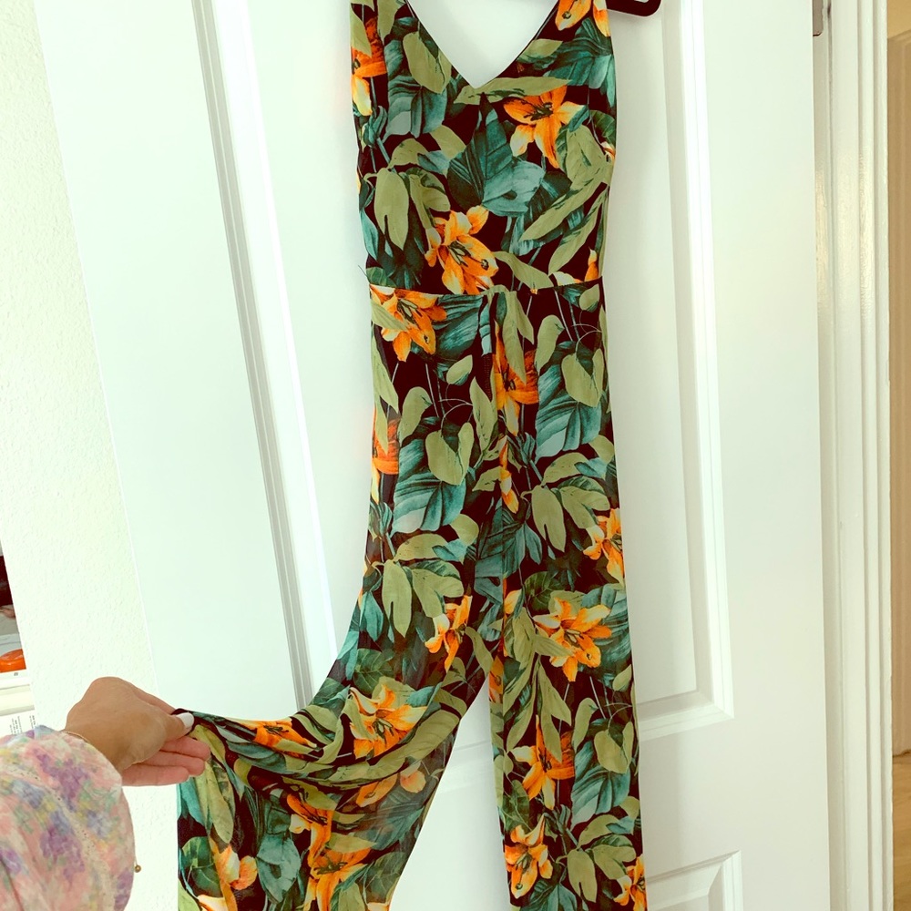 Tropical Wide Leg Jumpsuit - Open Back